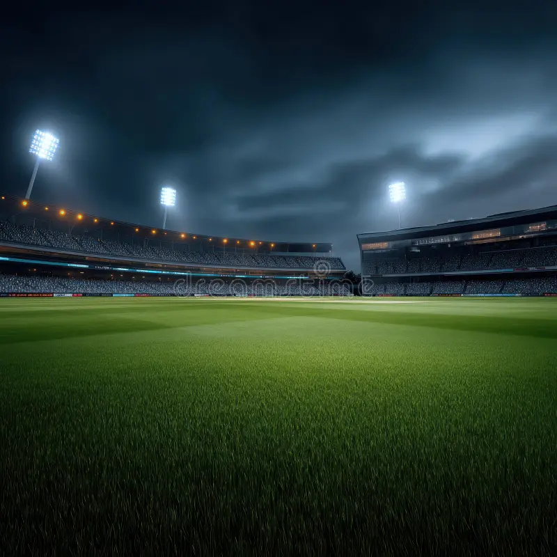 Cricket ground under floodlights at dusk
